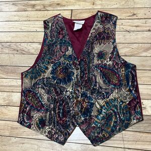 VINTAGE 90s ANXIOUS BY ANXIETY Paisley Dark Floral Vest Burgundy Gold Satin L